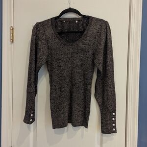 Dark Brown & Taupe Knit Sweater With Metallic Flecks & Button Cuffs
